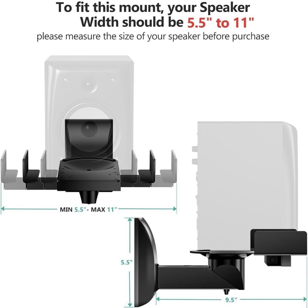 WALI Dual Side Clamping Bookshelf Speaker Wall Mounting Bracket Black